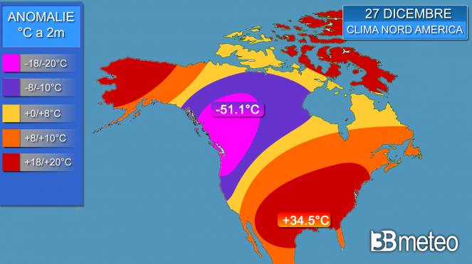 Temperatures in North America range from -51 ° C in Canada to + 34 C in Texas