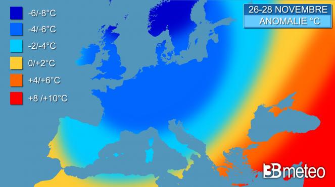 Anomalie termiche previste sull'Europa