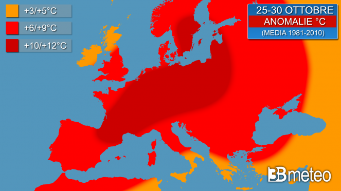 Anomalie termiche previste tra il 25 e il 30 ottobre (media 1981-2010)