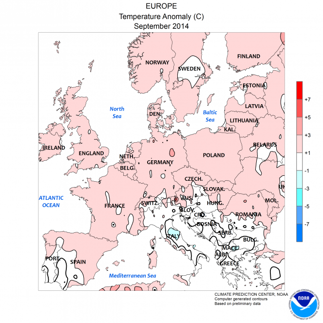 Anomalie termiche Settembre 2014 in Europa (fonte NOAA)