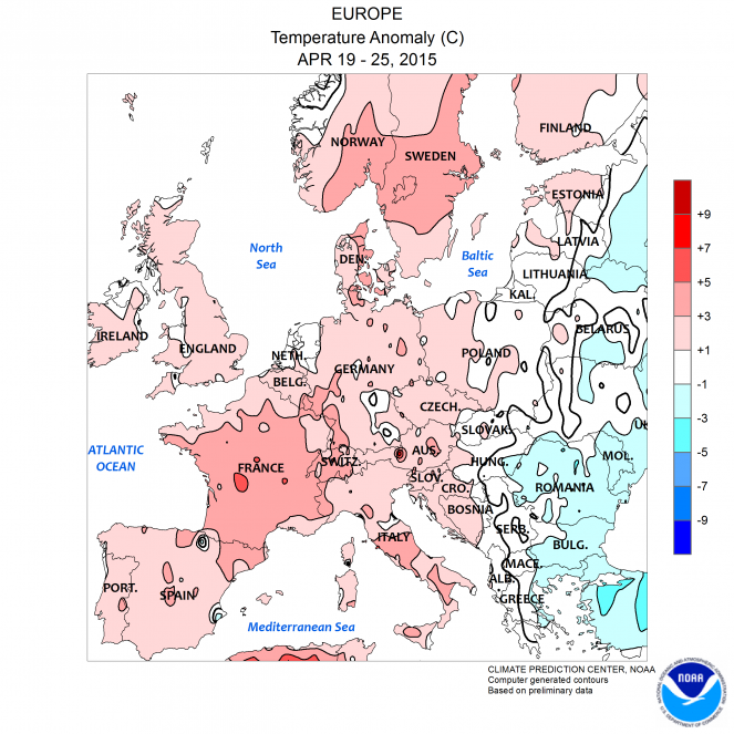 Anomalie termiche - settimana 19-25 Aprile. Fonte: www.cpc.ncep.noaa.gov