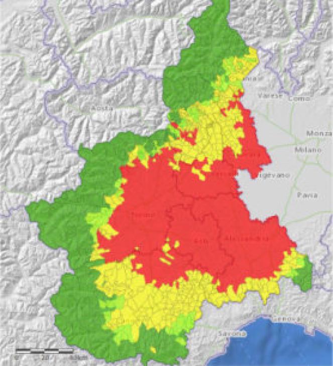 Arpa Piemonte: condizioni inquinamento oggi. In rosso valori tra 51 e 100µg/m³