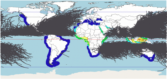 Calculation of the most favorable areas taking into account wind and waves (red areas are best, followed by yellow, green and dark blue. Gray lines show the effects of a tropical storm)
