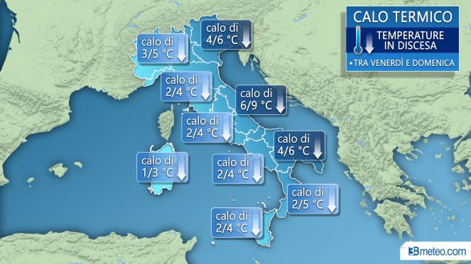 Calo termico sull'Italia nel fine settimana: differenza sulle temperature massime tra venerdì e domenica