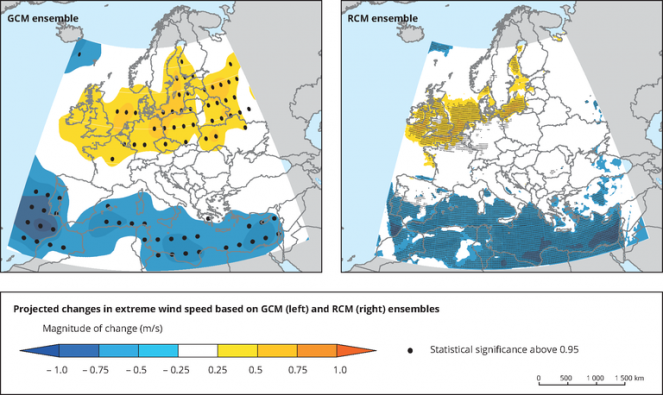 cambiamenti previsti nella velocità del vento estremo ( da Donat e Leckebusch)
