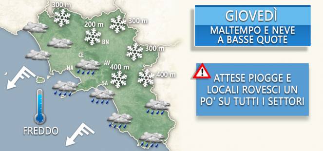 Campania, clima da pieno inverno Giovedì e Venerdì con neve a bassa quota