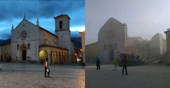 Cattedrale di Norcia prima e dopo il terremoto (fonte repubblica)