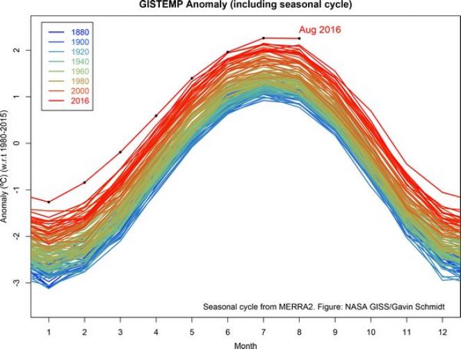 Ciclo stagionale delle anomalie di temperatura a partire dal 1880 (fonte NASA)