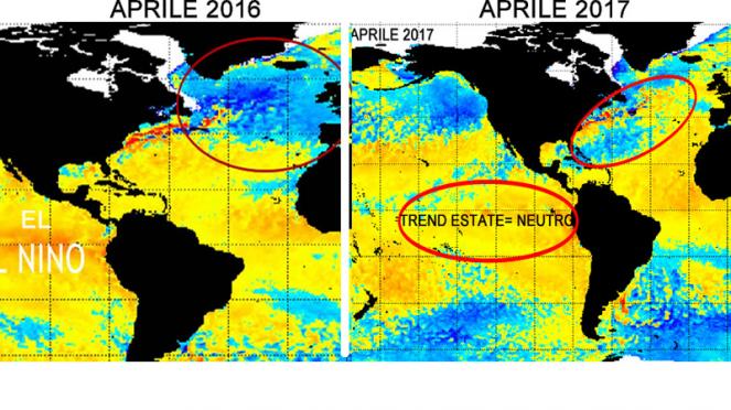 confronto tra anomalie oceaniche aprile 2016 e 2017