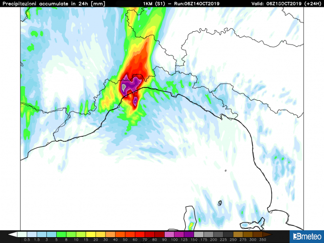Cumulate complessive in mm riferite alla notte e primo mattino sulla Liguria. Elaborazione 3bmeteo.com
