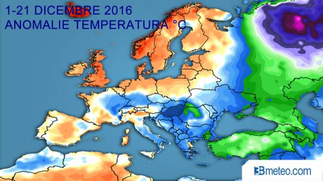 Dicembre 2016, anomalie di temperatura