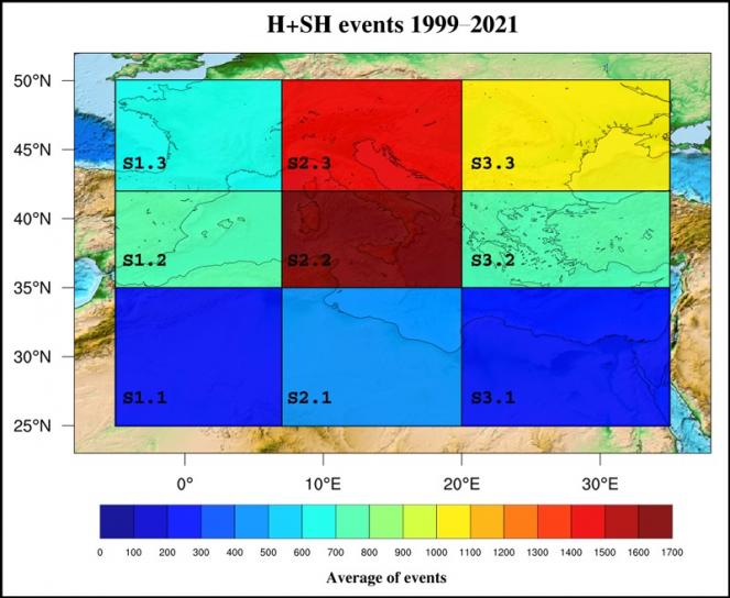 Distribuzione areale di eventi di grandine grande e super grande sul bacino del Mediterraneo (fonte EOS.org)