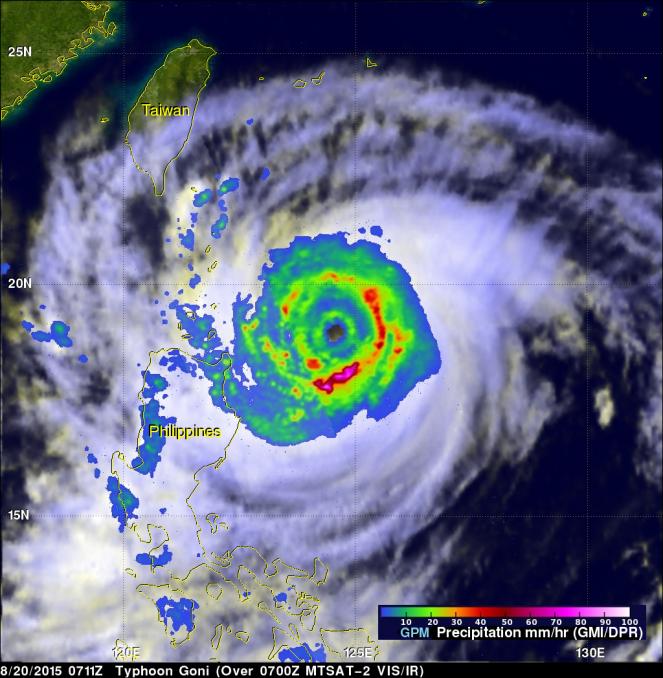 Ecco il tifone Goni in azione sulle Filippine ed in spostamento verso Nord. Fonte Tropical Rainfall Measure Mission