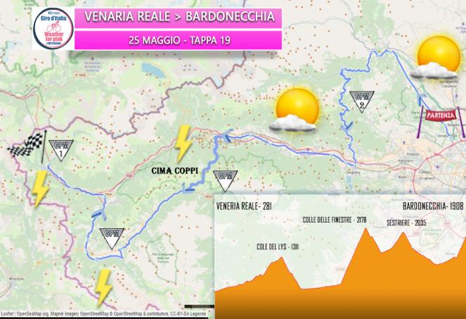 Ecco le previsioni per il percorso della tappa Venaria Reale - Bardonecchia