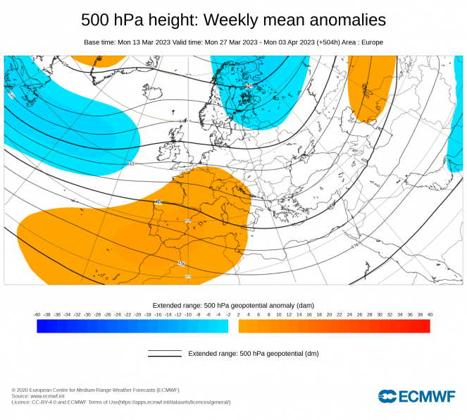 ECMWF. Anomalie di Geopotenziale sull'Europa attese per il periodo 27-2 aprile