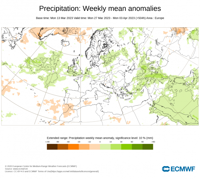 ECMWF. Anomalie di precipitazione attese per il periodo 27-2 aprile