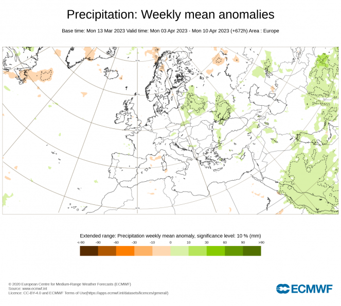 ECMWF. Anomalie di precipitazioni sull'Europa attese per il periodo 3-10 aprile