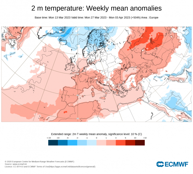 ECMWF. Anomalie di temperatura sull'Europa attese per il periodo 27-2 aprile