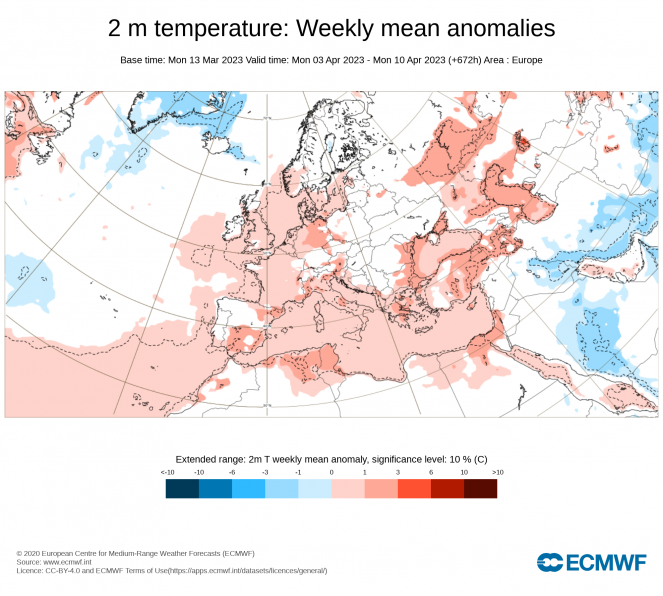 ECMWF. Anomalie di temperatura sull'Europa attese per il periodo 3-10 aprile