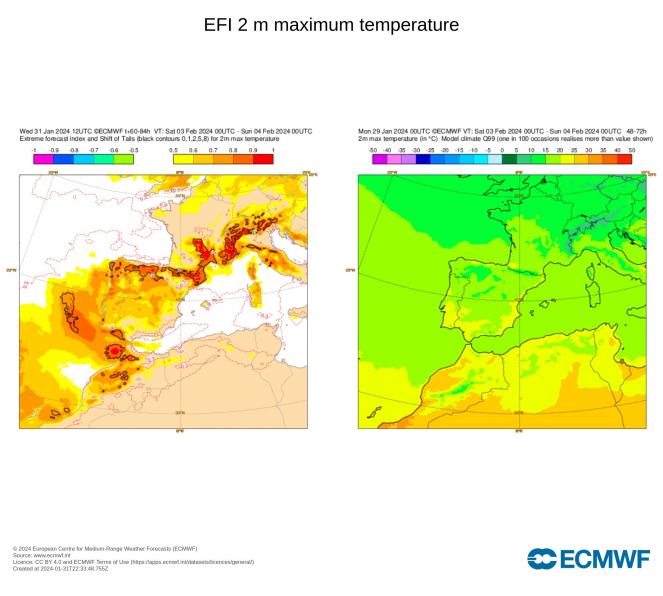 EFI secondo Ecmwf, in rosso le aree con temperature insolitamente alte per il periodo