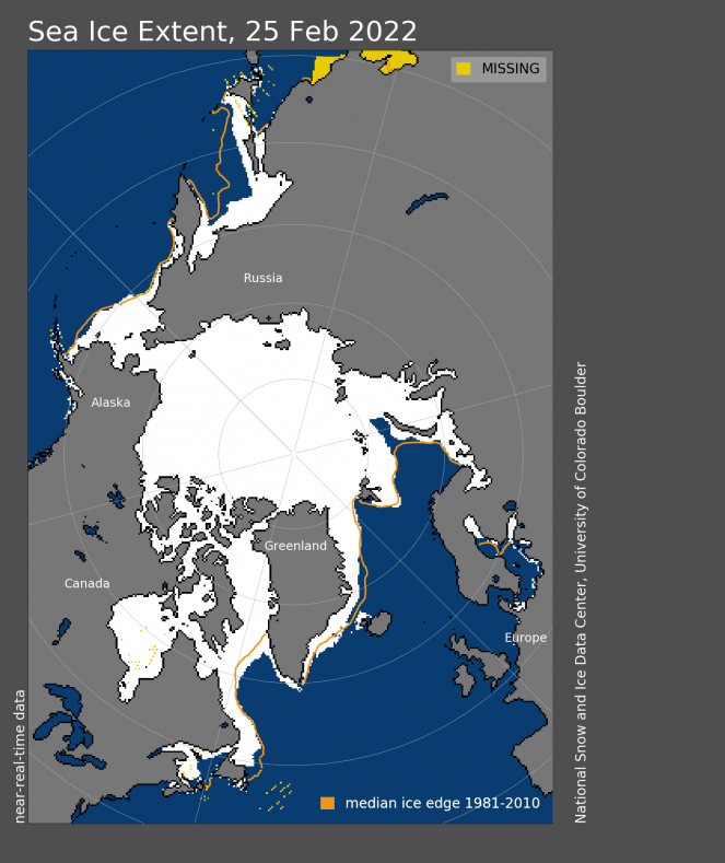 Estensione dei ghiacci artici il 25 Febbraio 2022. La linea arancione mostra la media 1981-2010. Fonte: National Snow and Ice Data Center