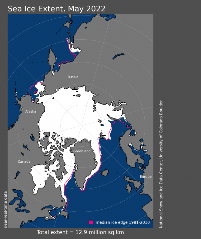Estensione del ghiaccio marino artico a maggio e confronto con la media 1981-2010 (Fonte: nsidc.org)