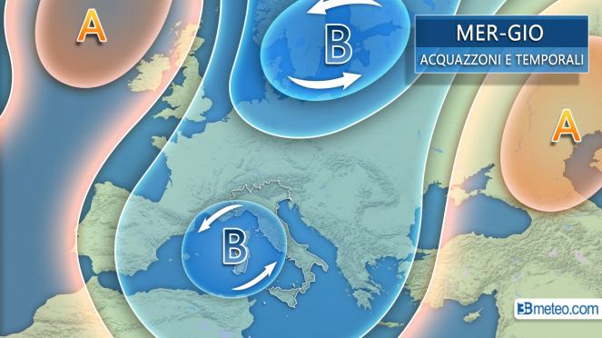 Evoluzione mercoledì-giovedì maltempo sull'Italia con rovesci e temporali