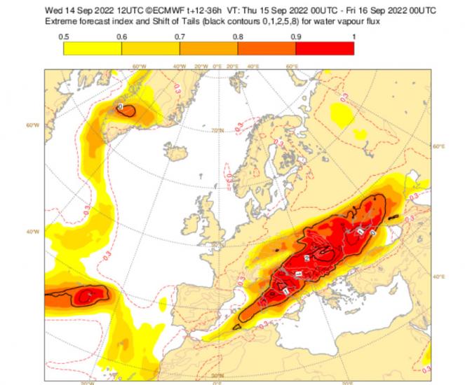 Extreme Forecast Index per il vapore acqueo - fonte Ecmwf