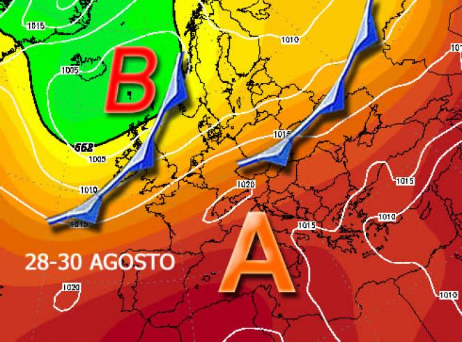 fine Agosto: l'alta pressione contrasta con la bassa pressione sul Nord Europa