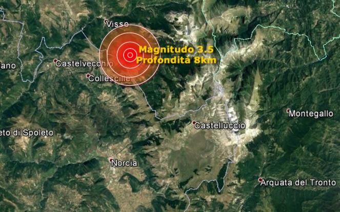 Forte scossa di magnitudo 3.5 in Umbria, Norcia, Visso