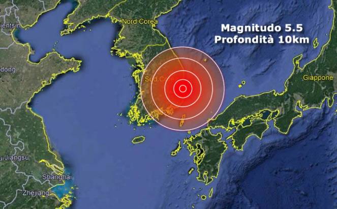 Forte scossa di terremoto nella Korea del Sud, magnitudo 5.5