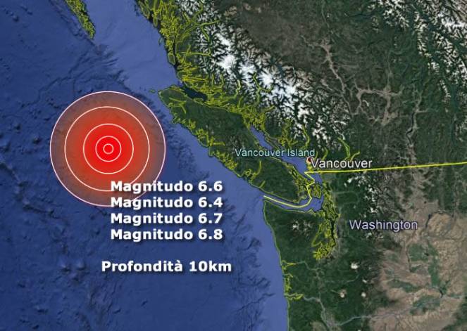 Forti terremoti sul pacifico canadese, fino al magnitudo 6.8