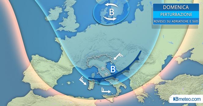 Fronte freddo in discesa lungo i settori adriatici e al Sud nella giornata di domenica