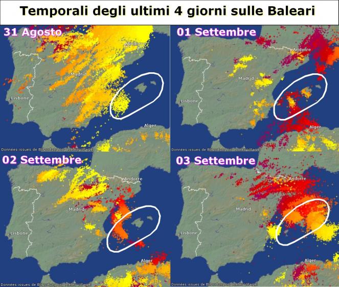 Fulmini caduti negli ultimi 4 giorni. In bianco sono indicate le Isole Baleari. Fonte: blitzortung.org