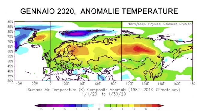 gennaio, estesa anomalia termica positiva in Europa