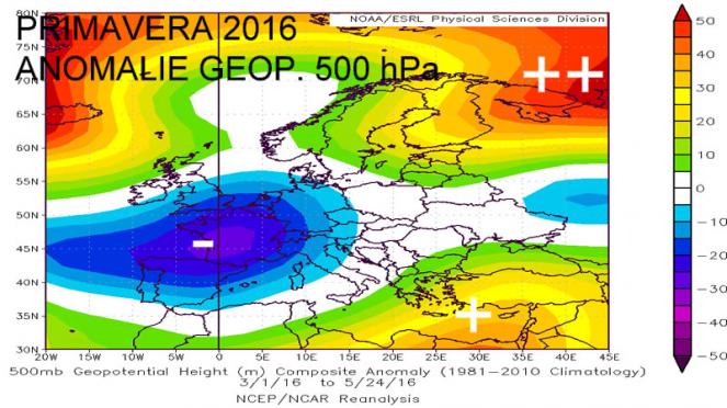 geopotenziale a 500 hPa in primavera 2016. anomalie