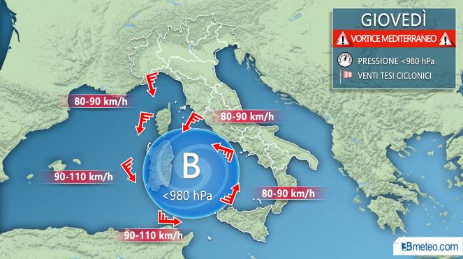 Giovedì: vortice ciclonico sull'Italia