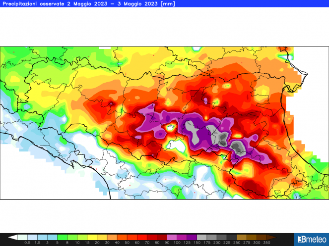 Gli accumuli di pioggia registrati sull'Emilia Romagna tra il 2 e il 3 maggio