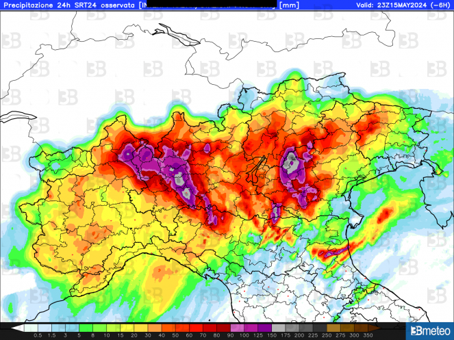 Gli accumuli pluviometrici registrati nel Nord Italia mercoledì 15 maggio: punte di diffuse di oltre 100mm in Lombardia ma anche Veneto