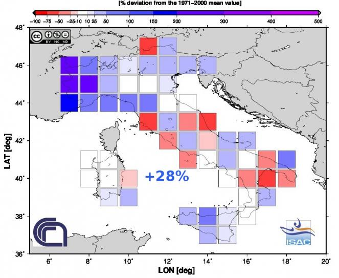 Gli scarti pluviometrici a Novembre 2016 in Italia (fonte Isac-Cnr)