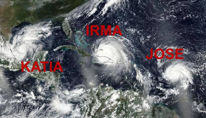 I tre uragani contemporaneamente in azione sull'Atlantico