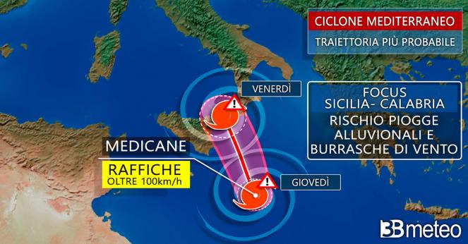 Il percorso del Medicane, uragano mediterraneo