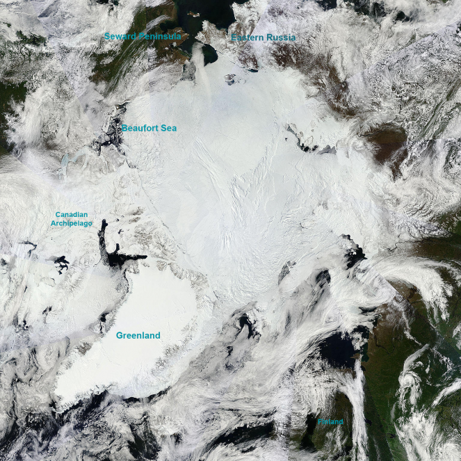 Immagine della calotta artica, ottenuta via satellite il 02 Giugno 2015. Fonte: nsidc.org/arcticseaicenews