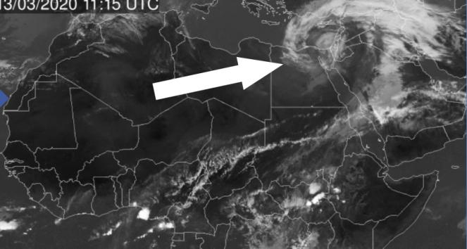 immagine satellitare con il vortice verso il Mediterraneo orientale