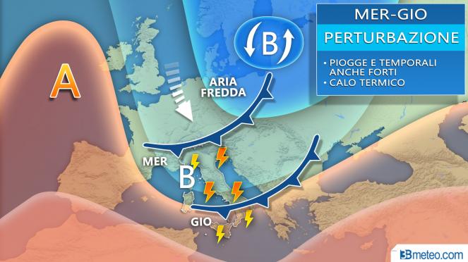 Imminente peggioramento sull'Italia, clou di piogge e temporali tra mercoledì e giovedì