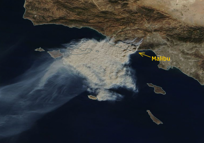 Incendio nella zona di Malibu, visto dal satellite