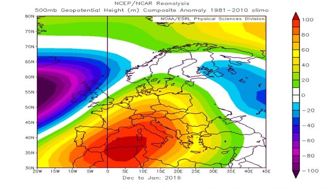 inverno 2015-16. anomalie di pressione. Reanalisi