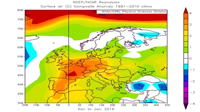 inverno 2015-16: anomalie di temperatura