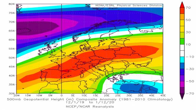 inverno prima parte: anomalie a 500 hPa, reanalisi