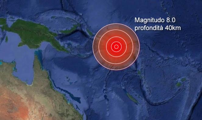 Isole Salomone, (Pacifico) violento terremoto di magnitudo 8.0 possibile tsunami